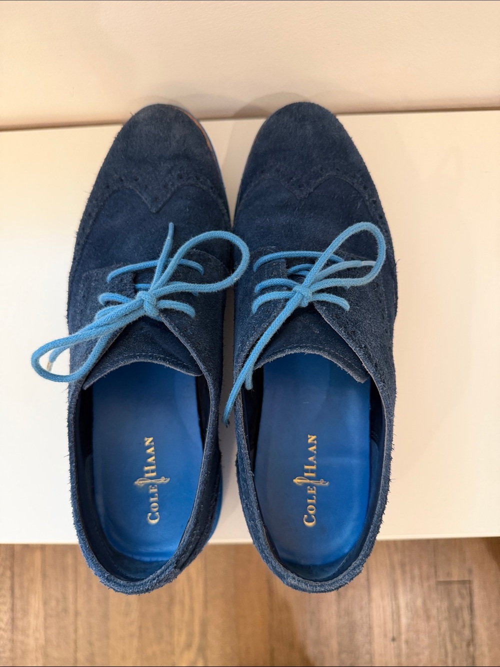 Cole Haan Navy Suede Women's Loafers with Light Blue Laces